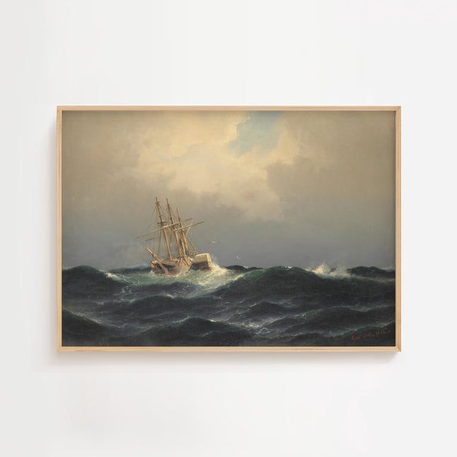 Vintage Fishing Boat at Sea Oil Painting Print Moody Rustic Farmhouse Ocean Painting Wall Decor Antique Art Cabin Cottage Scenery Wall Art