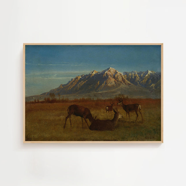 Deer in the Mountains Vintage Oil Painting Print Rustic 1800s Landscape Painting Rocky Mountain Wall Decor Antique Art Painting for Cabin