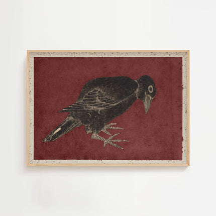 Black Crow Norse Folk Art Poster Mystical Raven Antique Woodblock Illustration Vintage Spiritual Print Japanese Wall Art Dark Red Gothic
