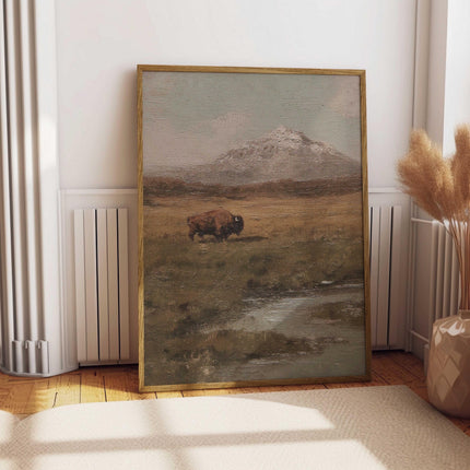 Lone Bison in a Field Vintage Oil Painting Print Rustic Antique Retro Buffalo Print Rocky Mountain Poster Western Cabin Cottage Wall Art
