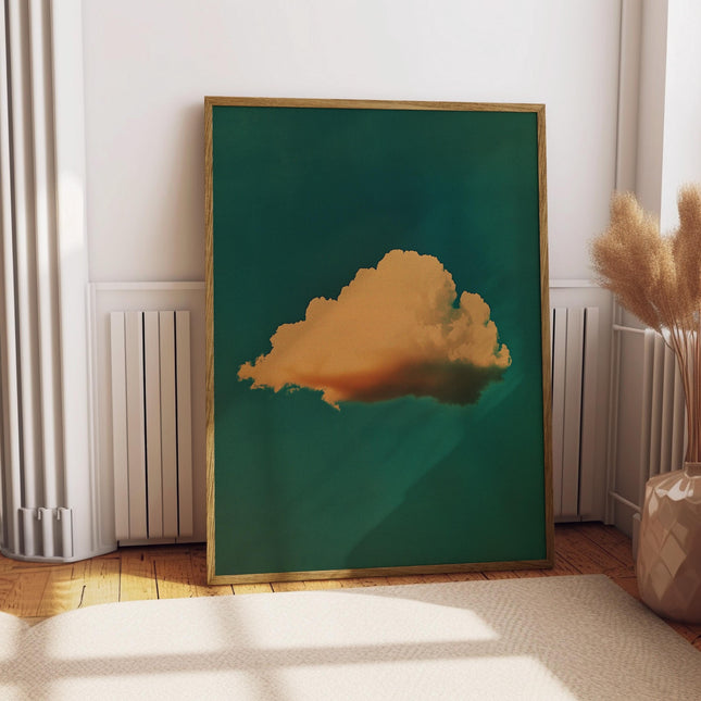 Retro Fluffy Cloud in the Sky Poster Abstract Minimalist Wall Art Print Emerald Green Illustration Print Wall Art Moody Bedroom Decor