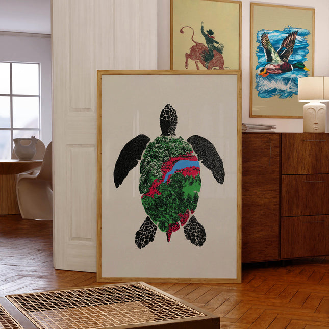 Painted Turtle Poster, Forest Landscape Painting, Outdoorsy Wall Decor, Retro Art Print, Eco Wall Art, Cottagecore Decor, Nature Lover Gift