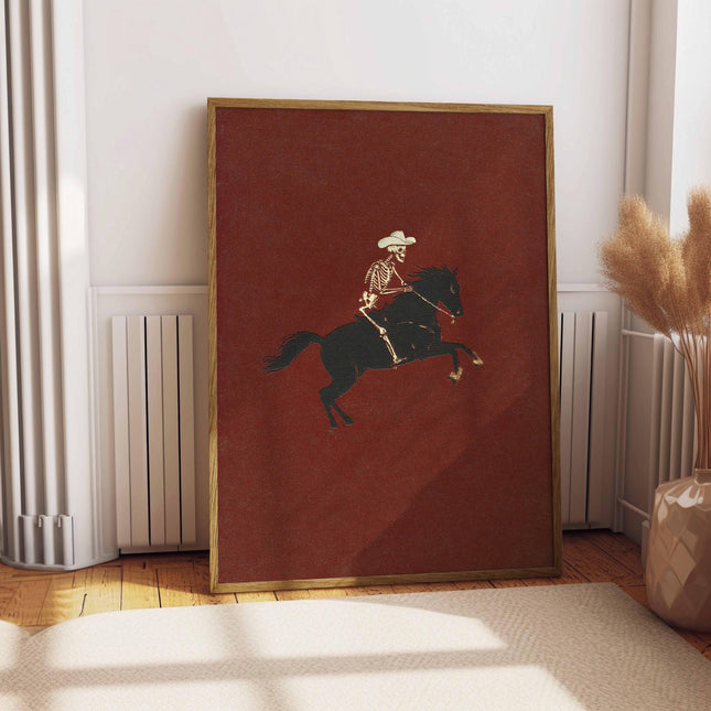 Skeleton Cowboy Illustration Bucking Bronco Print Gothic Wall Decor Horse Poster Quirky Art Western Poster Retro Rodeo Art Cowgirl Wall Art