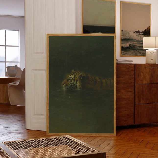 Tiger Wall Art, Vintage Oil Painting Print, Eclectic Wall Art, Trendy Poster, Moody Wall Decor, Emerald Green Poster, Swimming Tiger Print