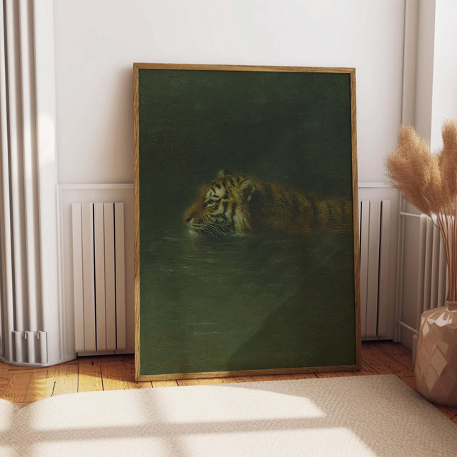 Tiger Wall Art, Vintage Oil Painting Print, Eclectic Wall Art, Trendy Poster, Moody Wall Decor, Emerald Green Poster, Swimming Tiger Print