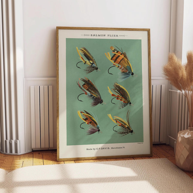 Salmon Fly Fishing Hooks Vintage Fishing Poster Art Retro Cabin Wall Decor Outdoor Sports Fisherman Illustration Salmon Flies Gift for Dad