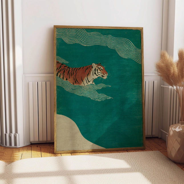 Japanese Tiger Swimming Print, Vintage Ukiyo-e Wall Art, Asian Inspired Animal Poster, Minimalist Tiger Decor, Japanese Woodblock Art