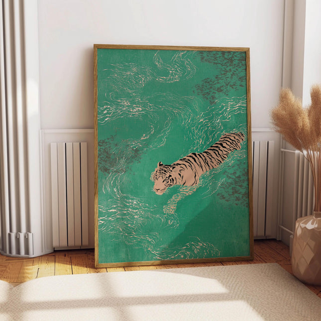 Swimming Tiger Print, Japanese Wall Art, Asian Inspired Animal Poster, Vintage Ukiyo-e Wall Art,  Maximalist Tiger Decor, Teal Green Art