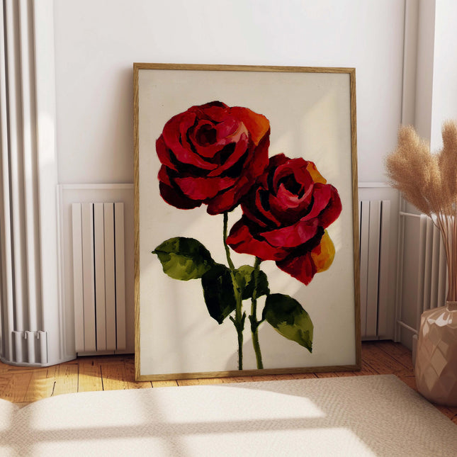 Vintage Red Roses Oil Painting, Antique Flower Print Illustration, Botanical Farmhouse Decor, Floral Canvas Painting