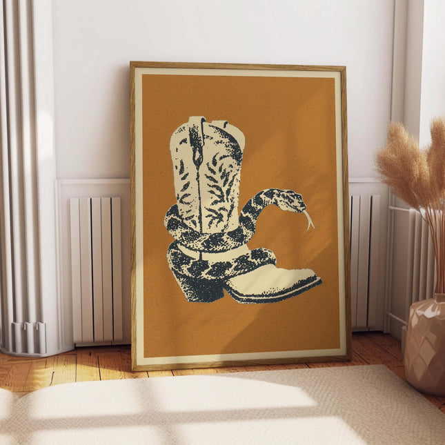 Western Snake and Cowgirl Boot Art Print, Vintage Western Wall Art Poster, Retro Cowboy Country Decor, Southwestern Style Print, Pop Art