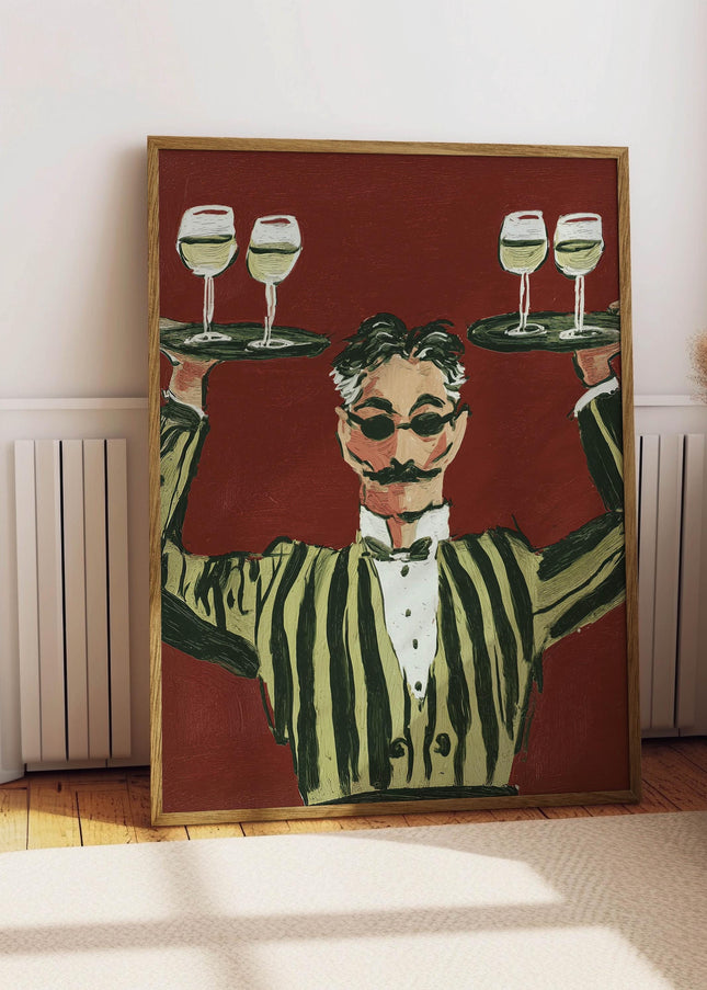 Vintage Waiter Oil Painting Print, Vintage Beverage Poster, Bar Wall Decor, Retro Wine Glass Poster, Funny Kitchen Wall Decor, Cafe Wall Art