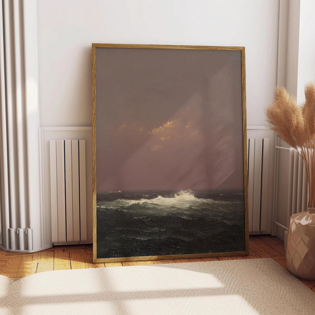 Vintage Oil Painting of Ocean Waves, 1800s Seascape Poster, Pink Sky Painting, Rustic Antique Wall Art, Fine Art Poster, Cottagecore Art