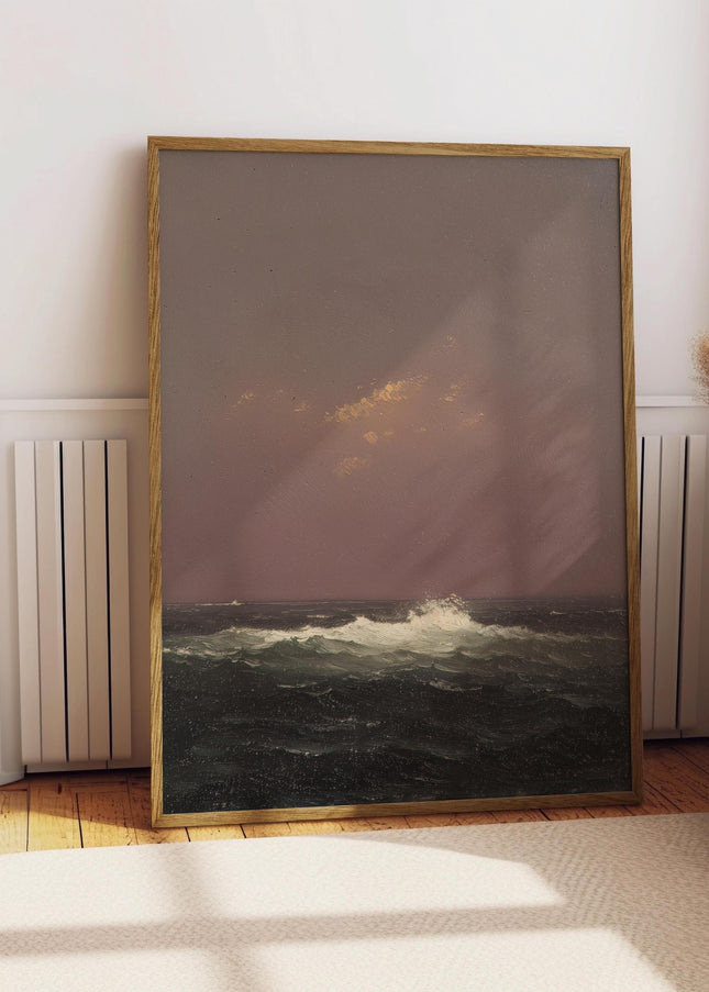Vintage Oil Painting of Ocean Waves, 1800s Seascape Poster, Pink Sky Painting, Rustic Antique Wall Art, Fine Art Poster, Cottagecore Art