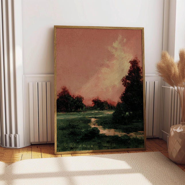 Vintage Pink Surreal Landscape Oil Painting Print, Rustic 1800s Painting, Forest Painting Wall Decor, Antique Art, Scenery Wall Art