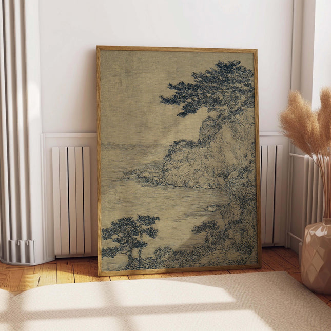 Vintage Japanese Sketch Print, Antique Nature Landscape Poster, Minimalist Coastal Poster, Moody Wall Art, Rustic Farmhouse Decor