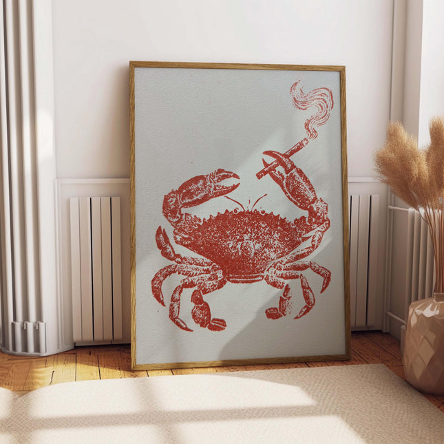 Crab Holding a Smoking Cigarette, Retro Japanese Style Art, Whimsical Art Print, Funny Animal Wall Decor, Vintage Poster, Bar Cart Poster