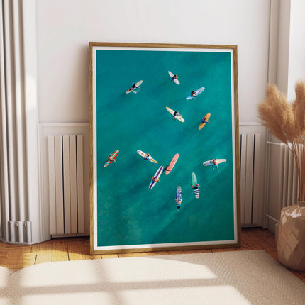 Aerial Surf Photography Wall Art, Coastal Cowgirl Decor, Surfers in Ocean Print, Modern Beach House Surf Wall Art