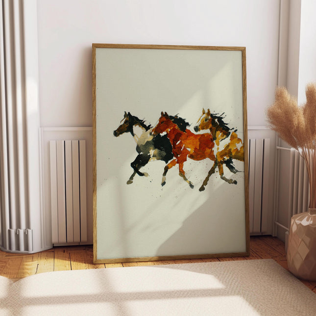 Watercolor Running Horses Print, Vintage Southwestern Art, Wild Horse Wall Art, Western Rustic Home Decor,  Equestrian Gift