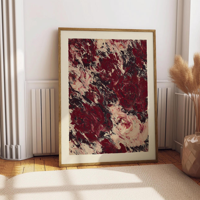 Abstract Red and White Roses Swirl Art Print, Modern Maroon Wall Art, Contemporary Textured Artwork for Home Décor