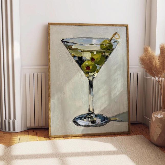 Vintage Martini Glass Oil Painting Print, Classic Cocktail Wall Art, Minimalist Bar Decor, Retro Olive Martini Poster