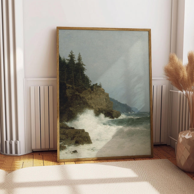 Vintage Coastal Seascape Art Print, Ocean Cliff Landscape Painting, Moody Shoreline Wall Art, Classic Nautical Decor
