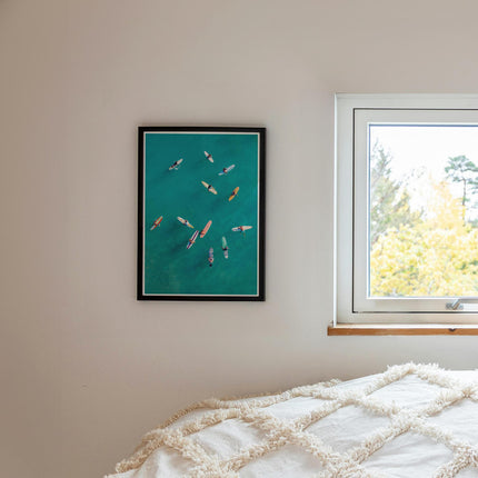 Aerial Surf Photography Wall Art, Coastal Cowgirl Decor, Surfers in Ocean Print, Modern Beach House Surf Wall Art
