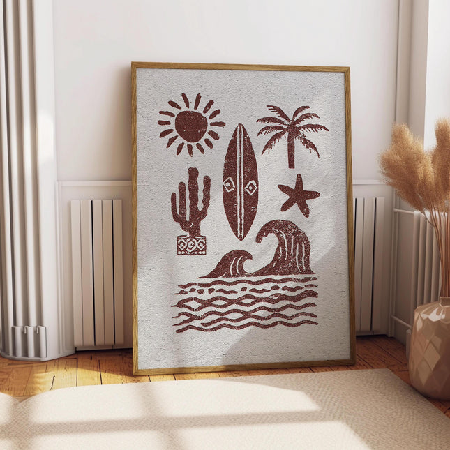 Surf Icon Wall Art, Coastal Cowgirl Decor, Vintage Surf Illustration Collage, Boho Beach House Nautical Wall Art, California Wall Decor