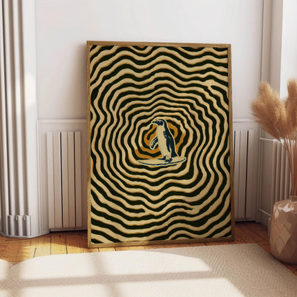 Penguin Surfing Poster, Retro Surf Art Print, Beach Wall Decor, Trippy Wave Pattern Art, Fun Coastal Surf Gift, Summer Surf Room Artwork
