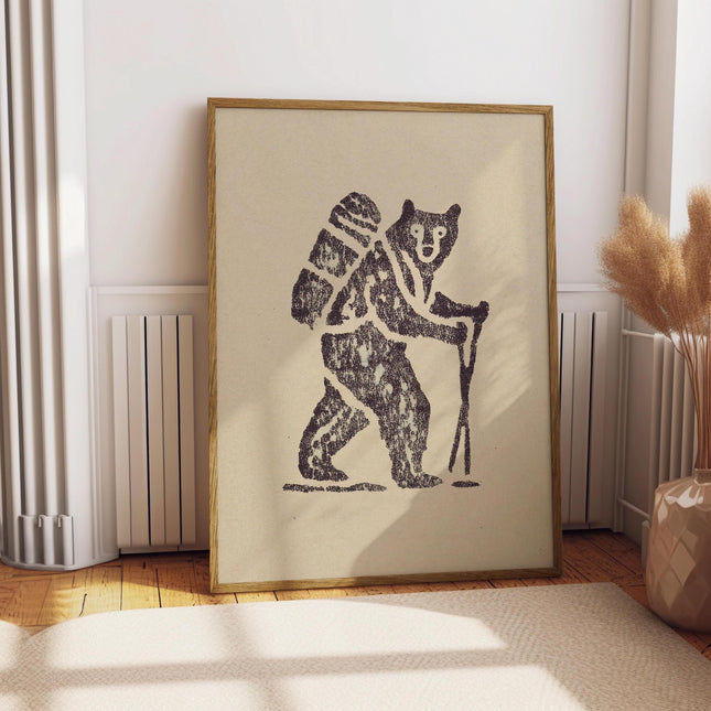 Hiking Bear Drawing Poster, Funny Backpacking Bear Art Print, Minimalist Camping Illustration, Outdoor Adventure Wall Decor