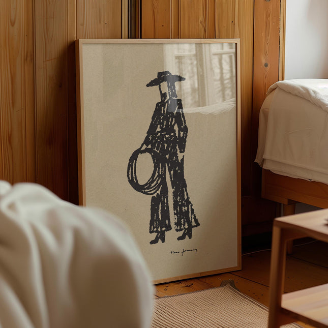 Cowgirl Line Drawing Poster, Western Woman Illustration, Minimalist Cowboy Wall Art, Vintage Rodeo Lasso Art Print