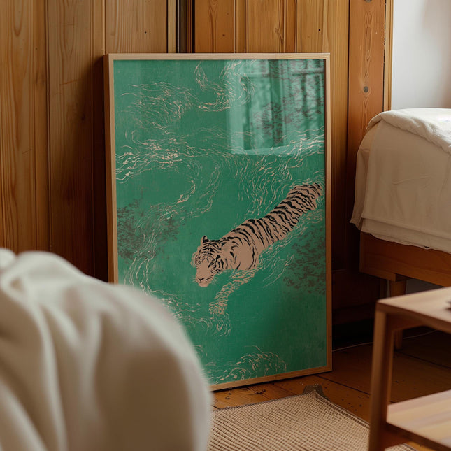 Swimming Tiger Print, Japanese Wall Art, Asian Inspired Animal Poster, Vintage Ukiyo-e Wall Art,  Maximalist Tiger Decor, Teal Green Art