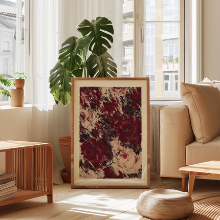 Abstract Red and White Roses Swirl Art Print, Modern Maroon Wall Art, Contemporary Textured Artwork for Home Décor