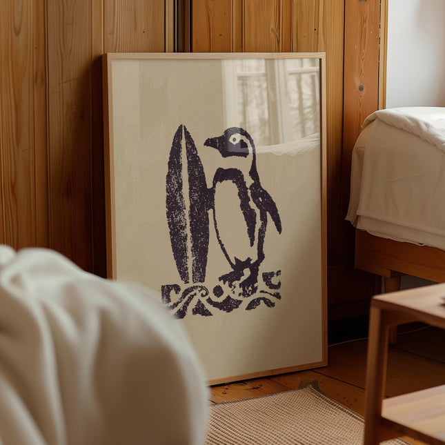 Surfing Penguin Wall Art, Coastal Cowgirl Decor, Vintage Surf Animal Illustration Poster, Coastal Boho Wall Art, Beach House Nautical Art