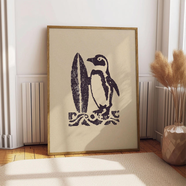 Surfing Penguin Wall Art, Coastal Cowgirl Decor, Vintage Surf Animal Illustration Poster, Coastal Boho Wall Art, Beach House Nautical Art