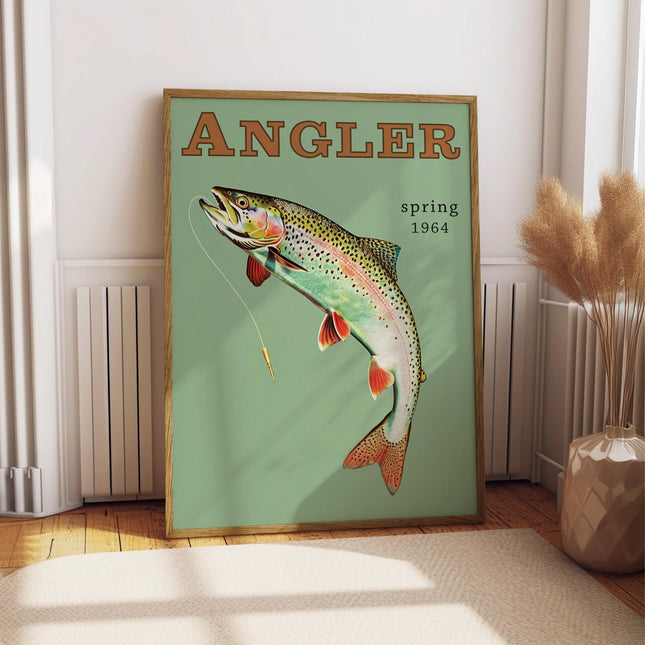 Trout Fly Fishing Vintage Poster Art Retro Travel Poster Cabin Wall Decor Outdoor Sports Fisherman Illustration Father's Day Gift for Dad