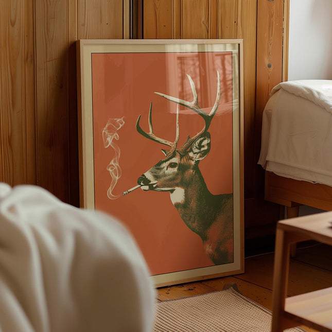 Buck Smoking a Cigarette Vintage Poster Art Funny Whitetail Deer Retro Whimsical Print Cabin Wall Decor Outdoor Sports Hunter Illustration