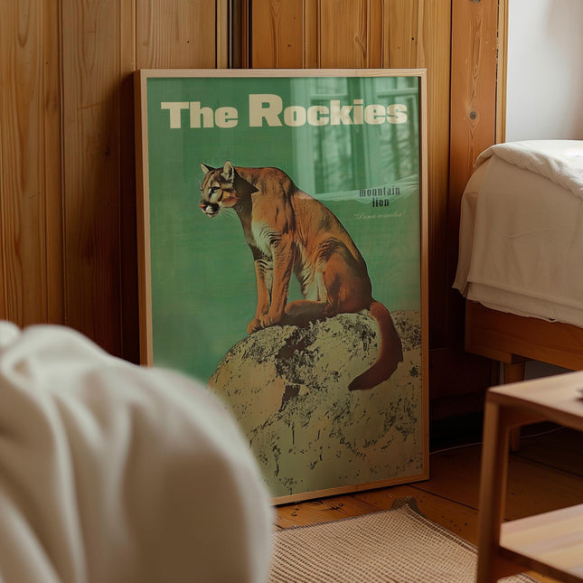 Vintage Mountain Lion Print, Retro Outdoors Poster, Cougar Poster, Cabin Cottage Wall Art, Outdoor Sports, Dad For him Gift, Rocky Mountains