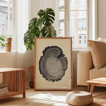 Tree Ring Art Print, Black & White Woodcut Style Wall Art, Nature Minimalist Decor, Botanical Nordic Poster, Rustic Modern Home Artwork