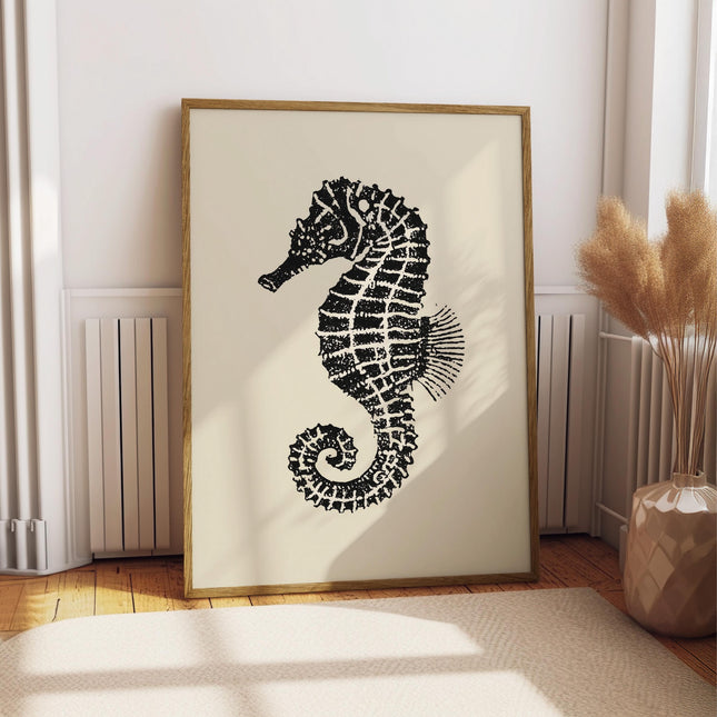 Vintage Seahorse Ink Drawing Print, Coastal Sketch Wall Art, Nautical Black & White Ocean Illustration, Beach Cottage Coastal Decor Poster