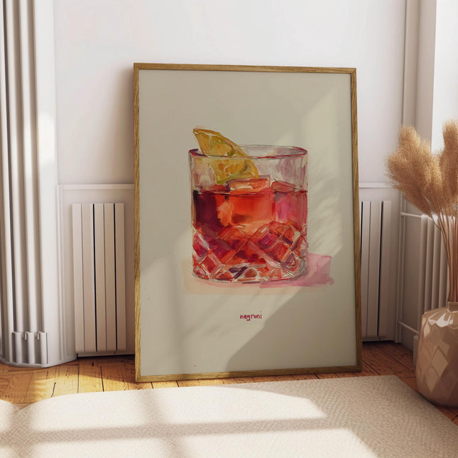 Negroni Cocktail Watercolor Painting Poster, Bar Wall Decor, Vintage Beverage Oil Painting Print, Retro Cocktail Art, Poster for Bar Room
