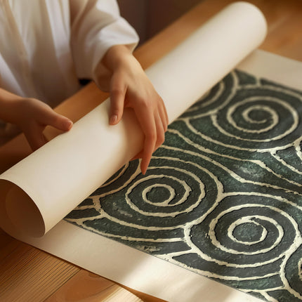 Abstract Japanese Woodblock Pattern Art Print, Green Geometric Spiral Poster, Woodblock Wave Print, Minimalist Zen Wall Art, Wabi Sabi Decor