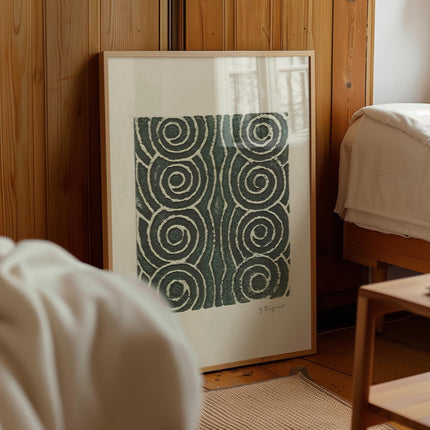 Abstract Japanese Woodblock Pattern Art Print, Green Geometric Spiral Poster, Woodblock Wave Print, Minimalist Zen Wall Art, Wabi Sabi Decor