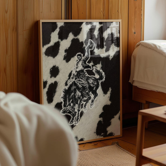 Modern Western Art Print, Black & White Cowboy Painting Collage, Cowhide Pattern Poster, Ranch Art, Vintage Magazine Style Decor