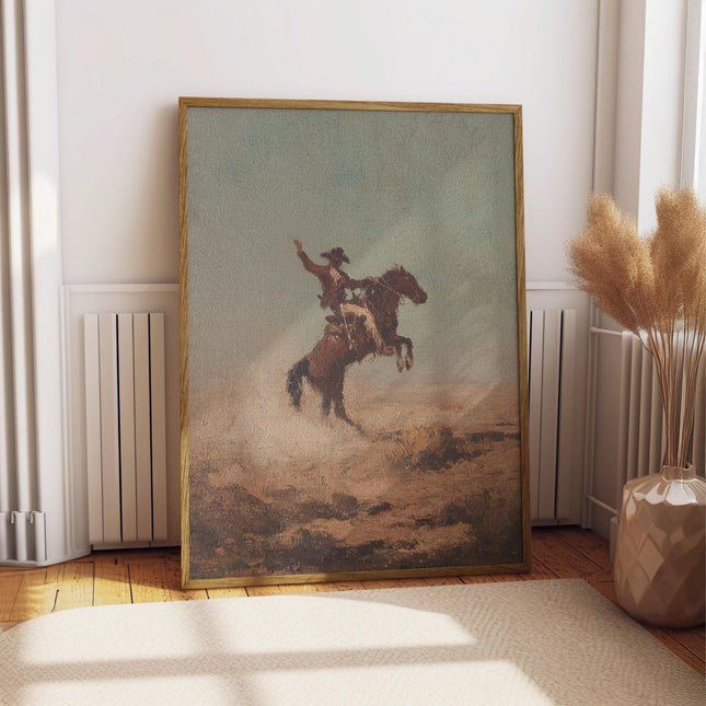 Vintage Bucking Bronco Print Western Oil Painting Rustic Western Cowboy Poster Antique Retro Mid Century Decor Horse Cabin Cottage Wall Art