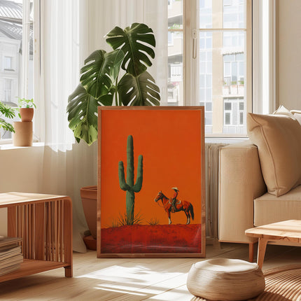 Cowgirl Minimalist Boho Western Illustration, Vintage Southwestern Boho Art, Cowboy Wall Print, Terracotta Sunset, Retro Cowboy Cowgirl Art