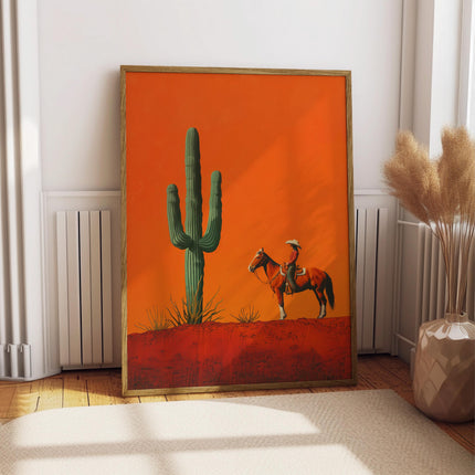 Cowgirl Minimalist Boho Western Illustration, Vintage Southwestern Boho Art, Cowboy Wall Print, Terracotta Sunset, Retro Cowboy Cowgirl Art