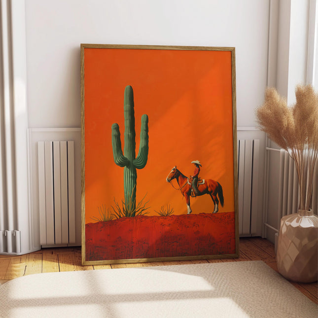 Cowgirl Minimalist Boho Western Illustration, Vintage Southwestern Boho Art, Cowboy Wall Print, Terracotta Sunset, Retro Cowboy Cowgirl Art
