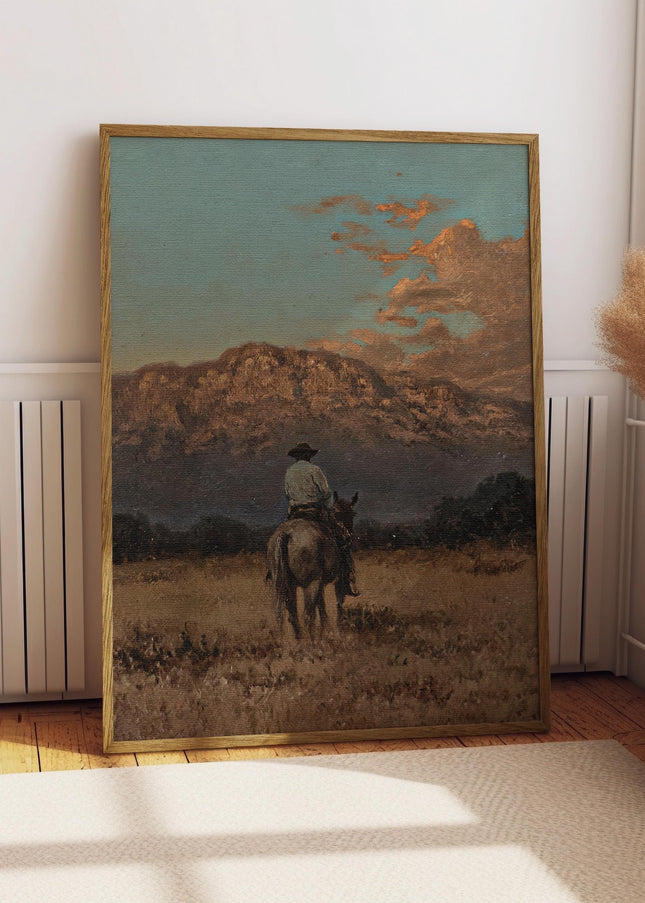 Vintage Western Cowboy Oil Painting Rustic 1800s Horse Poster Antique Retro Mid Century Decor Rocky Mountain Western Cabin Cottage Wall Art