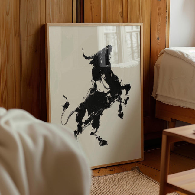 Vintage Black and White Bucking Bull Painting Print, Retro Rodeo Art, Abstract Western Art, Southwestern Boho Decor, Cowgirl Wall Art