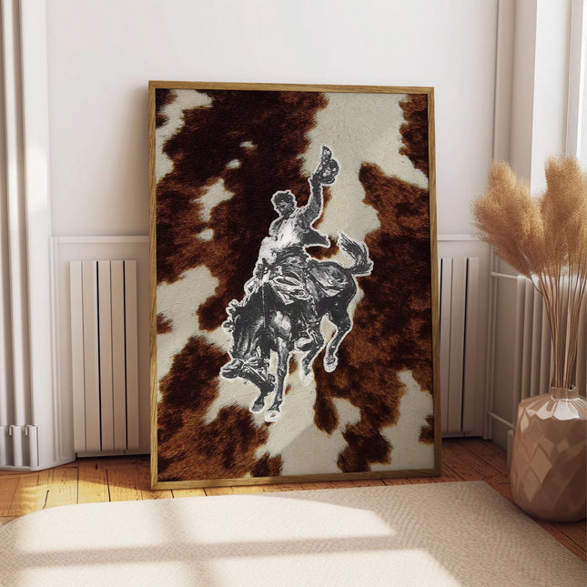 Western Cowboy Collage Poster, Vintage Rodeo Wall Art, Cowhide Background Print, Retro Ranch Decor, Southwestern Western Art